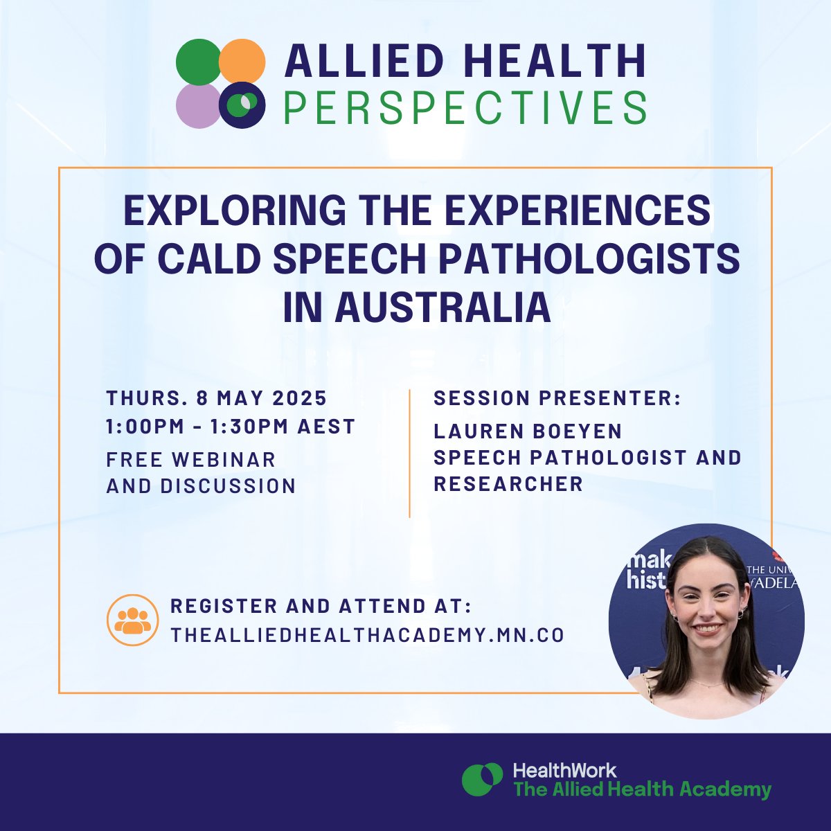 💻 Join #AlliedHealthPerspectives this week as we chat with Lauren Boeyen, #SpeechPathologist and #Researcher.

➡️ To RSVP and access the free live webinar, visit: loom.ly/I73CNg4

#AlliedHealth #SpeechPathology #CALD