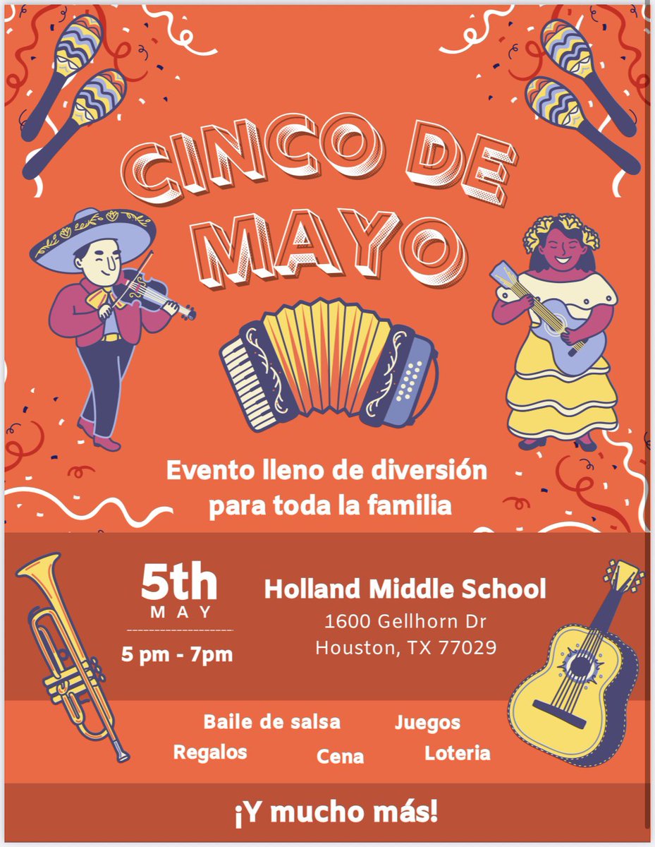 🎉 Celebrate Cinco de Mayo with us! Join the fun with music, dance, and  games at HMS. Don't miss out! 🌟#CincoDeMayo #FamilyFun

🎉 ¡Celebra el Cinco de Mayo con nosotros! Únete a la diversión con música, baile y juegos en HMS. ¡No te lo pierdas!🌟#CincoDeMayo #DiversiónFamiliar