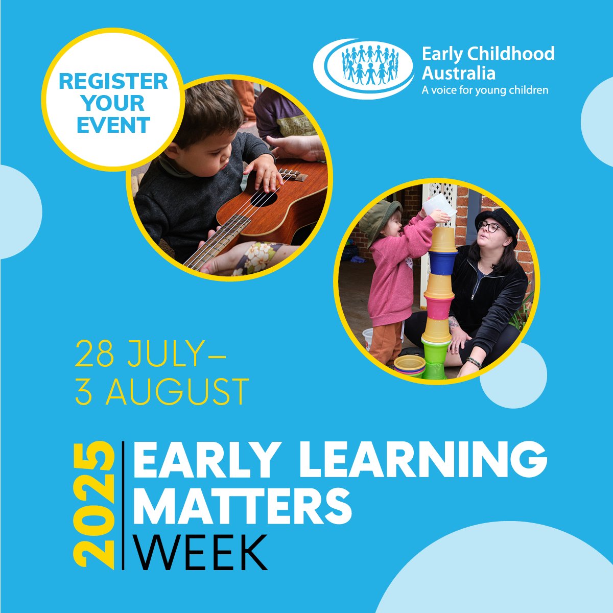 📣 Registrations for #EarlyLearningMatters Week 2025 are now OPEN!
🗓️ 28 Jul – 3 Aug
Be part of a national celebration that aims to raise awareness and understanding of the importance of early learning in shaping the development and wellbeing of children.
bit.ly/43fMjDV