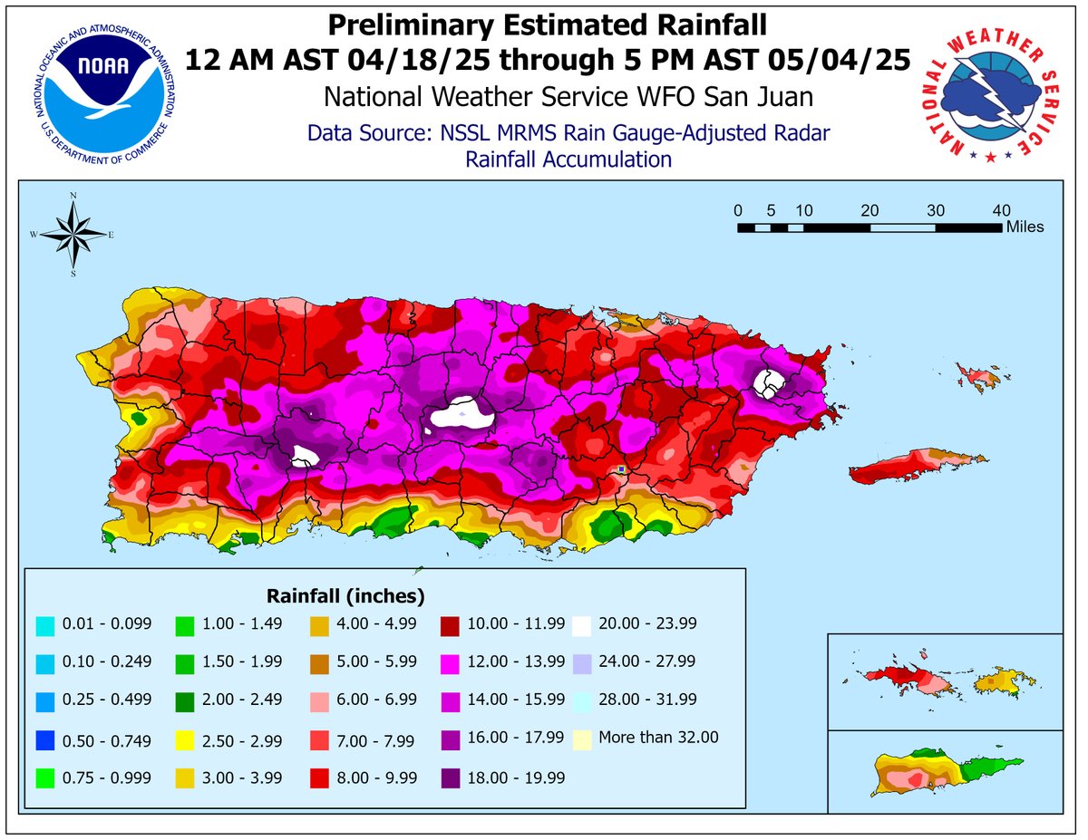 🌧️ Resumen de lluvia: 18 de abril – 4 de mayo de 2025 🌧️

Desde el fin de semana de Pascua, PR  y USVI han estado bajo un patrón de tiempo húmedo e inestable prolongado, lo que ha provocado impactos generalizados

#PRwx #USVIwx