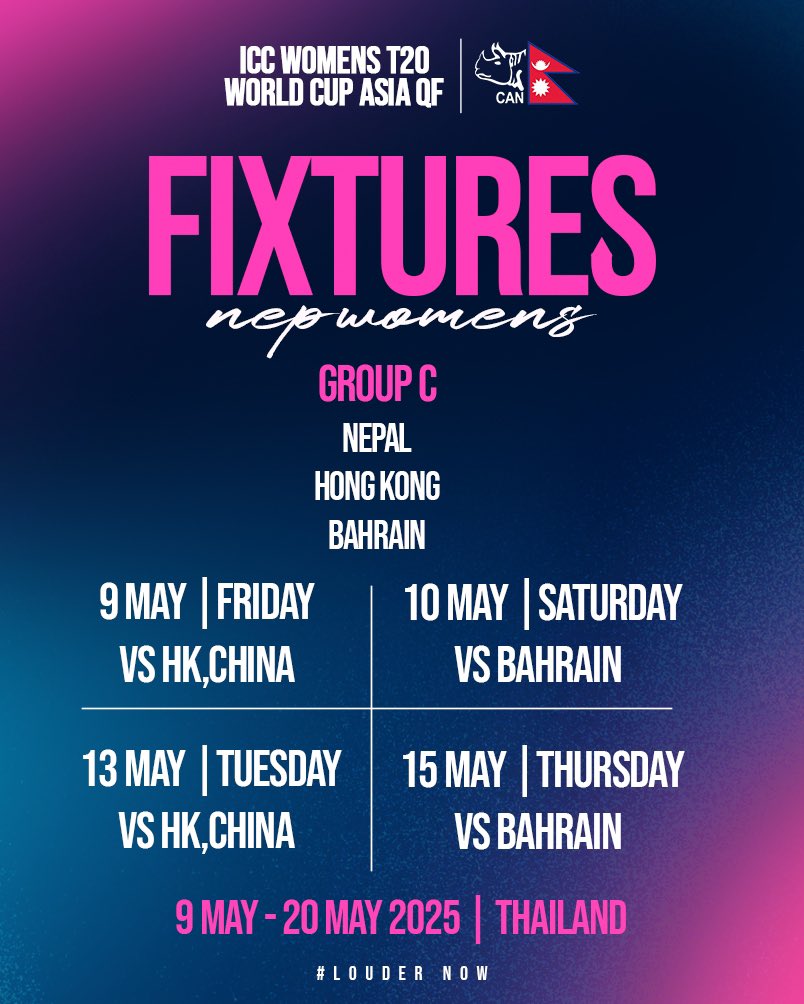 🇳🇵 Every dream begins with a date. 🏏

Nepal’s fixtures for the ICC Women’s T20 World Cup Asia Qualifiers. 

#LouderNow