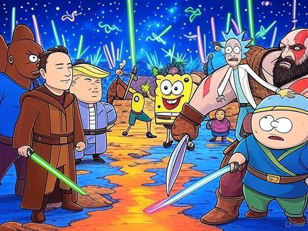 May the 4th be wild! Jedi Harry Potter, SpongeBob, Kratos, Cartman, Elon, and Trump join the ultimate Star Wars showdown! Rick &amp; Morty zoom in too. Who’s winning this cosmic clash? #MayThe4th #StarWarsDay #JediCrossover #AIArt #StarWars