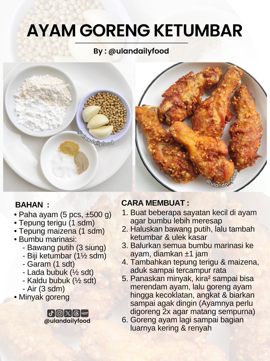 ulandailyfood's tweet photo. 3. Ayam goreng ketumbar✨

Saranku jangan pake ayam yg terlalu gede ya, terutama bagian paha bawah 🍗, karna ini tanpa ungkep, atau misal pake yg gede jangan lupa dikasih sayatan dikit biar bisa mateng sampe dalem 👌🏻 https://t.co/DImG1mdzvU