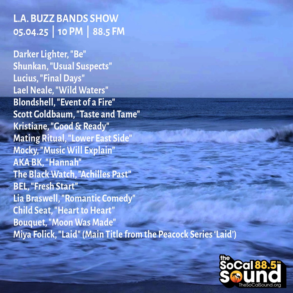 krbronson (@krbronson) on Twitter photo Coming at 10PM: <a href="/BuzzBandsLA/">Buzz Bands LA</a> Show on 88.5 FM <a href="/TheSoCalSound/">The SoCal Sound</a>, ft. Blondshell, Lucius, Lael Neale, Mating Ritual, Scott Goldbaum, Darker Lighter, Shunkan, Mocky, Child Seat, Kristiane, Lia Braswell, The Black Watch, Bouquet and more ... Tune in! bit.ly/3RM1jmH Coming at 10PM: <a href="/BuzzBandsLA/">Buzz Bands LA</a> Show on 88.5 FM <a href="/TheSoCalSound/">The SoCal Sound</a>, ft. Blondshell, Lucius, Lael Neale, Mating Ritual, Scott Goldbaum, Darker Lighter, Shunkan, Mocky, Child Seat, Kristiane, Lia Braswell, The Black Watch, Bouquet and more ... Tune in! bit.ly/3RM1jmH