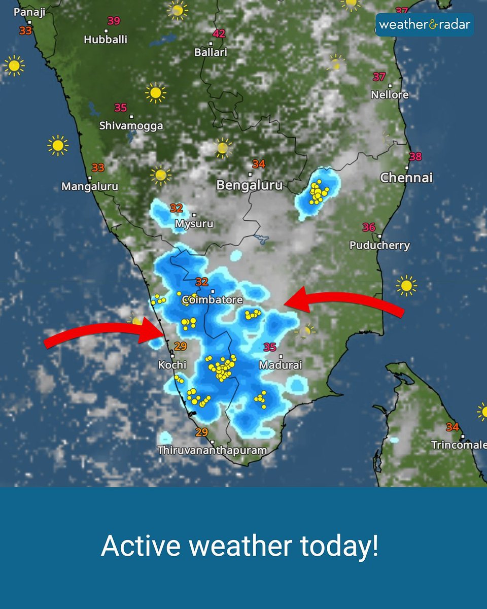 WeatherRadar_IN's tweet photo. โ๏ธ Monday Begins with Active Weather ๐ง๏ธ
Widespread showers and thunderstorms are lighting up the skies over Tamil Nadu, Kerala, and parts of Karnataka today.
Stay weather ready and keep those umbrellas ready!
#MondayWeather https://t.co/m5IGVYTVXu