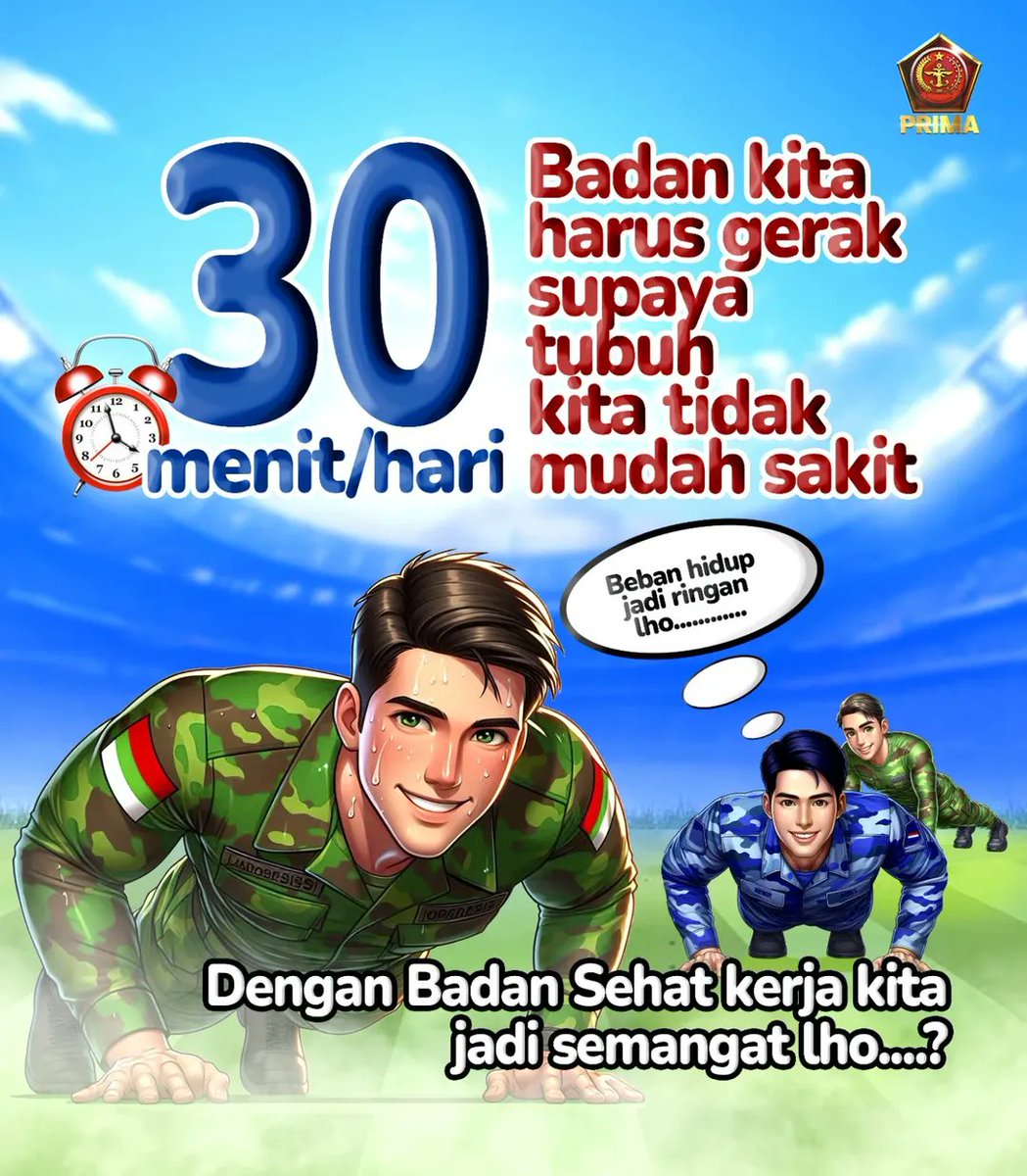 Puspen_TNI's tweet photo. Keringat hari ini adalah kemenangan besok. Latihan bukan soal siapa yang paling kuat, tapi siapa yang paling konsisten.
 
 Latih tubuhmu, rawat jiwamu. Kesehatan sejati datang dari keseimbangan. "Tubuh bugar, hati tenang. Itulah kekuatan sejati." Selamat berolahraga 💪🏻
 
 #tniprima