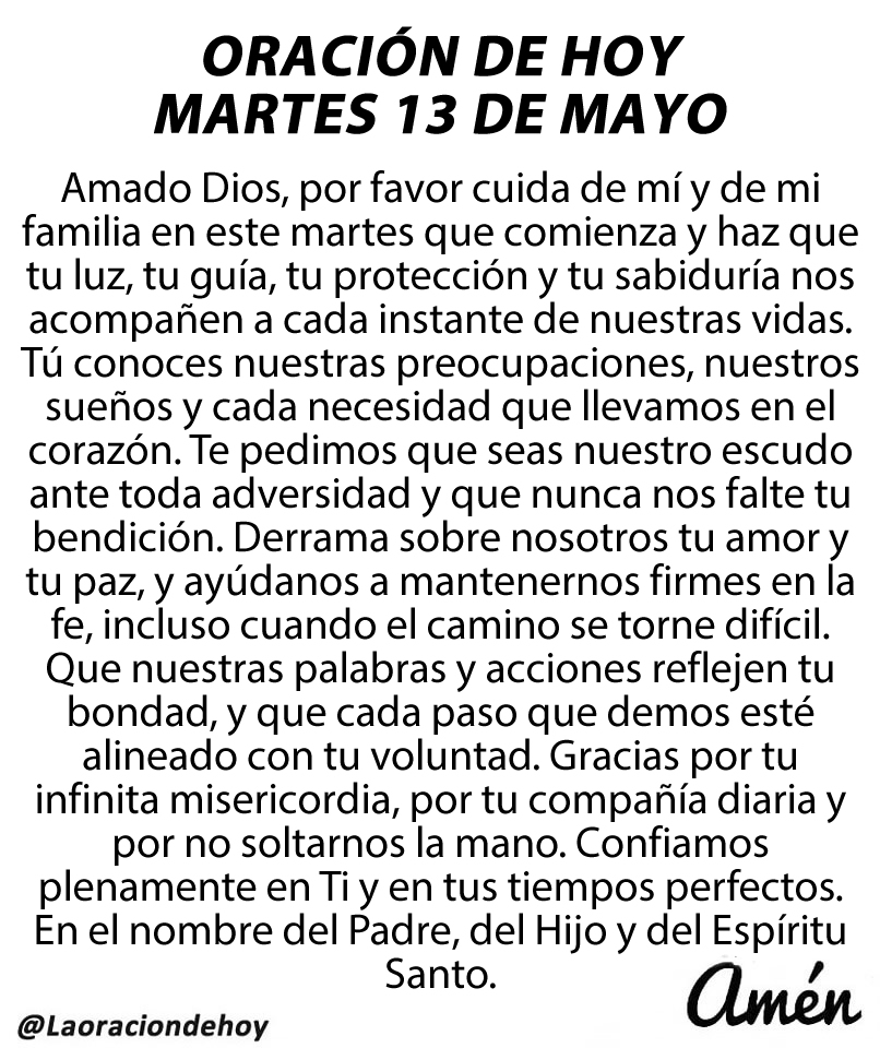 Oración diaria para hoy martes 13 de mayo de 2025.