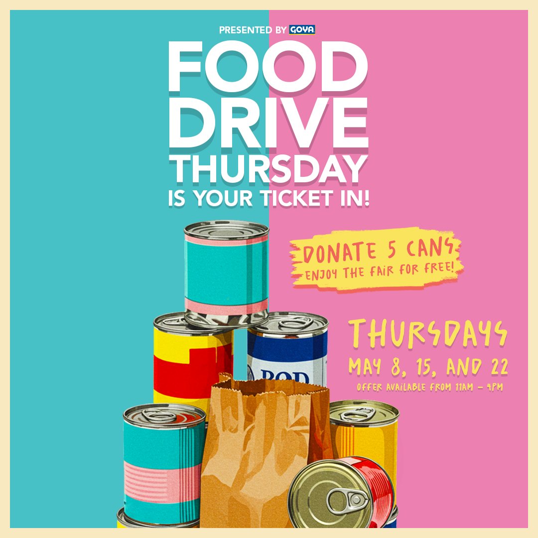 LA County Fair (@lacountyfair) on Twitter photo The art of giving 💛 Bring 5 canned goods May 8, 15 & 22 (11 AM–4 PM) and get in FREE for Food Drive Thursdays presented by <a href="/GoyaFoods/">Goya Foods</a> 🥫
More info: ow.ly/5TZ450VLMG5 The art of giving 💛 Bring 5 canned goods May 8, 15 & 22 (11 AM–4 PM) and get in FREE for Food Drive Thursdays presented by <a href="/GoyaFoods/">Goya Foods</a> 🥫
More info: ow.ly/5TZ450VLMG5