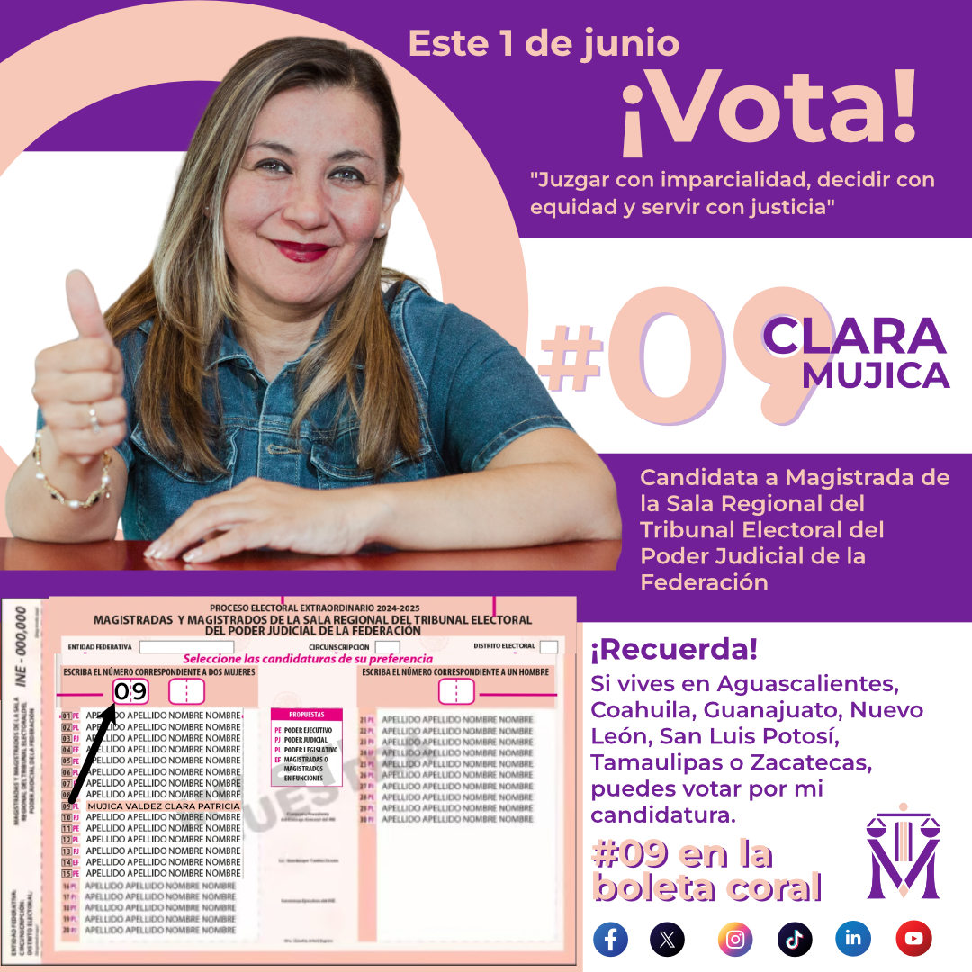 🗳️ Este 1 de junio vota 09 Clara Mujica 🧕en la boleta color salmón de las Magistraturas de la Sala Regional del Tribunal Electoral de la Federación.   

 ¡Tu voto es importante! 
#Elecciones2025 #JuecesyMagistrados📷 #México #EleccionesPGJ #Justicia #Democracia #tuvotocuenta