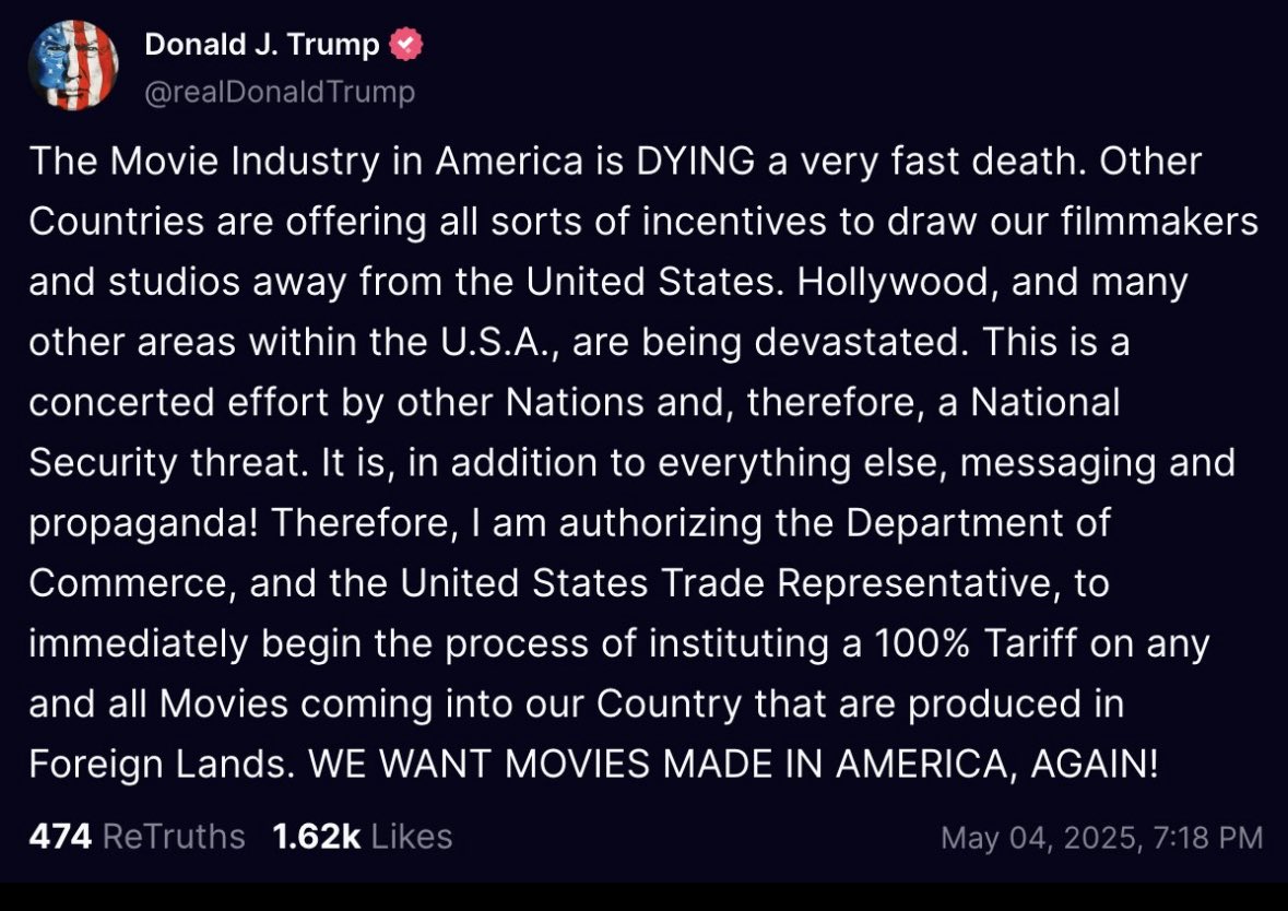 This is total BS. The US produces by far the most English language feature films in the world and is hardly "dying". Once again, Trump bases policy on complete fiction.