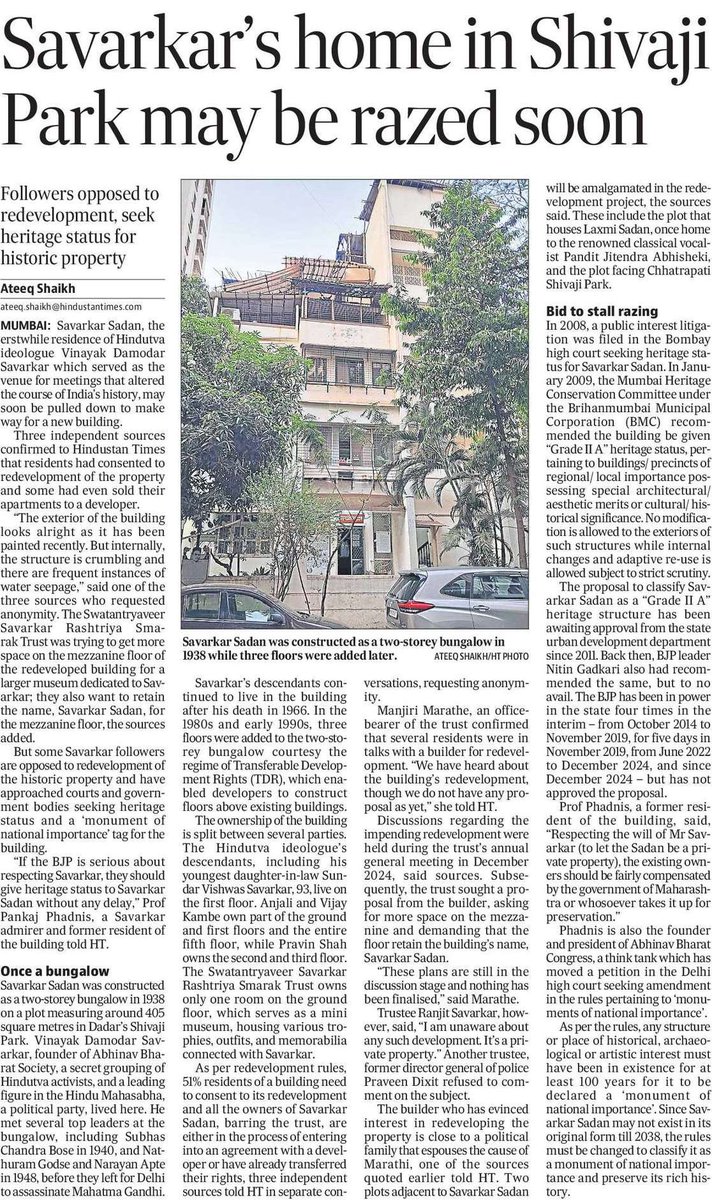 The <a href="/BJP4India/">BJP</a> often refers to #Savarkar in its #political narrative, but has ignored to give #heritage status to his #Mumbai #residence. Now, a #developer close to a #Marathi political outfit wants to get the #property redeveloped 

hindustantimes.com/cities/mumbai-…

#Hindutva
#RealEstate