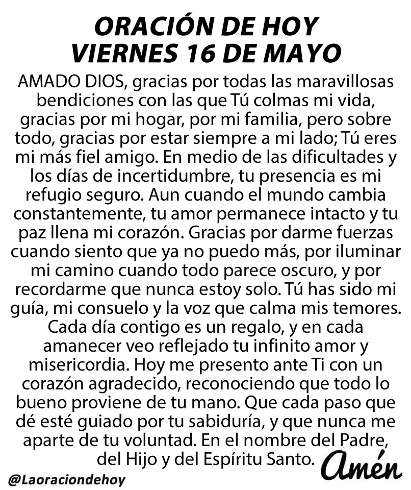 Oración diaria para hoy viernes 16 de mayo de 2025.