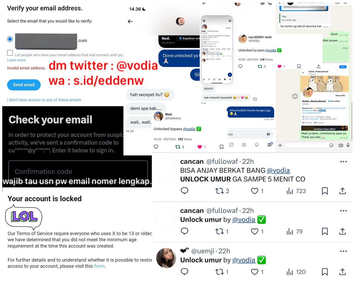 neoveast's tweet image. open service/ jasa benerin :
— unsus all case
— unlock umur
— unlock invalid email
— unlock bypass CONFIRM CODE (WAJIB TAU BENTUK : usn, pw, email, nomer; gaada akses ke email/no gapapa)
khusus unlock dijamin berhasil.

FASTRESPON WA : s.id/eddenw

#zonauang