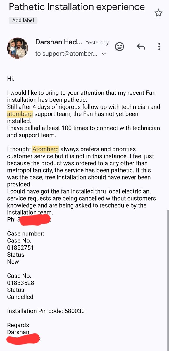 dashthedasherr's tweet photo. @atomberg_tech pathetic Installation experience, support request cancellation without customer knowledge, no response from technician, case rescheduling unnecessarily then canceling. Pathetic. Don't buy Atomberg fans if u stay outside of metro cities. 5 days and no response. https://t.co/QB2DTTqyPn