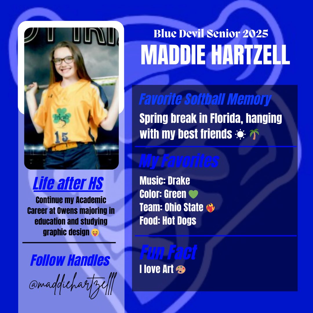 SENIOR SPOTLIGHT 2025: Maddie Hartzell 

We are so THANKFUL you decided to join your last year with the fam, you really were the missing piece to this senior class final puzzle - now let’s go get it 💪🏼 

We 💚 you Hartzzz - Good Luck at Owens