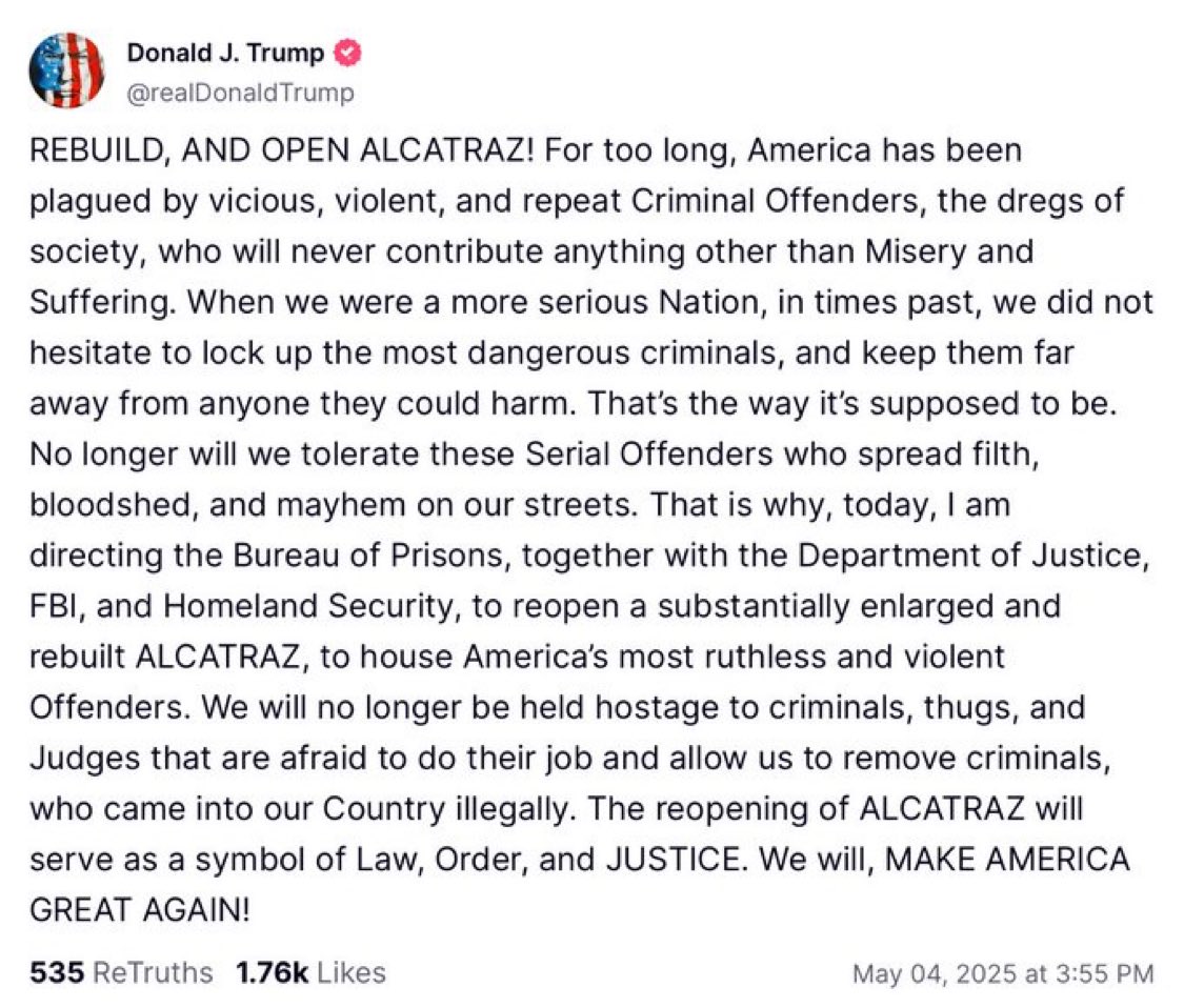 Alcatraz. No more than a sensational distraction from this:

Trump just cut nearly $1 billion from bipartisan, proven, successful anti-crime, violence prevention programs around the country. Prevented crime before people were ever harmed. 

Worked so well, there was hope they’d