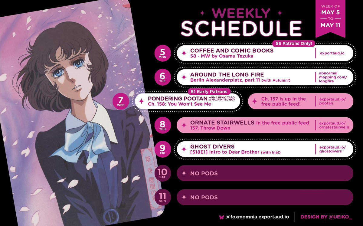 I'm too sleepy to do a write up for a schedule this packed, just get excited for all my pods please.