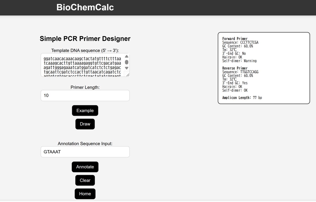BioChemCalc's tweet image. 🧬 Design PCR primers with ease!
Drag boxes on DNA → GC%, Tm, hairpin &amp;amp; dimer auto-check👇
biochemcalc.com/pcr_c
#PCR #PrimerDesign #IndiaLab