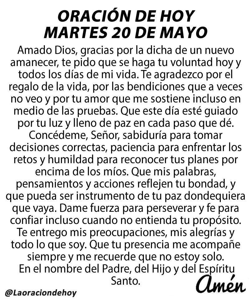 Oración diaria para hoy martes 20 de mayo de 2025.