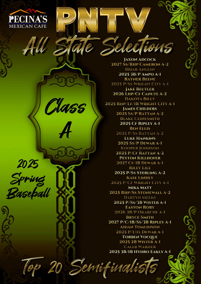 #OKPrepStory: 2025 Spring Baseball POY
Semfinalists/All State Selections. Players
Eligible for Belts w/Paid Sponsors.

Class A (I, II) 
Adcock
Anglin
Beene
Beutler
Billy
Childers
Clinesmith
Ellis
Hankins
Johnson
Killhofer
Lile
Lindly
Matt
Meeks
Roby
Smith
Tomlinson
Vocque
Warner