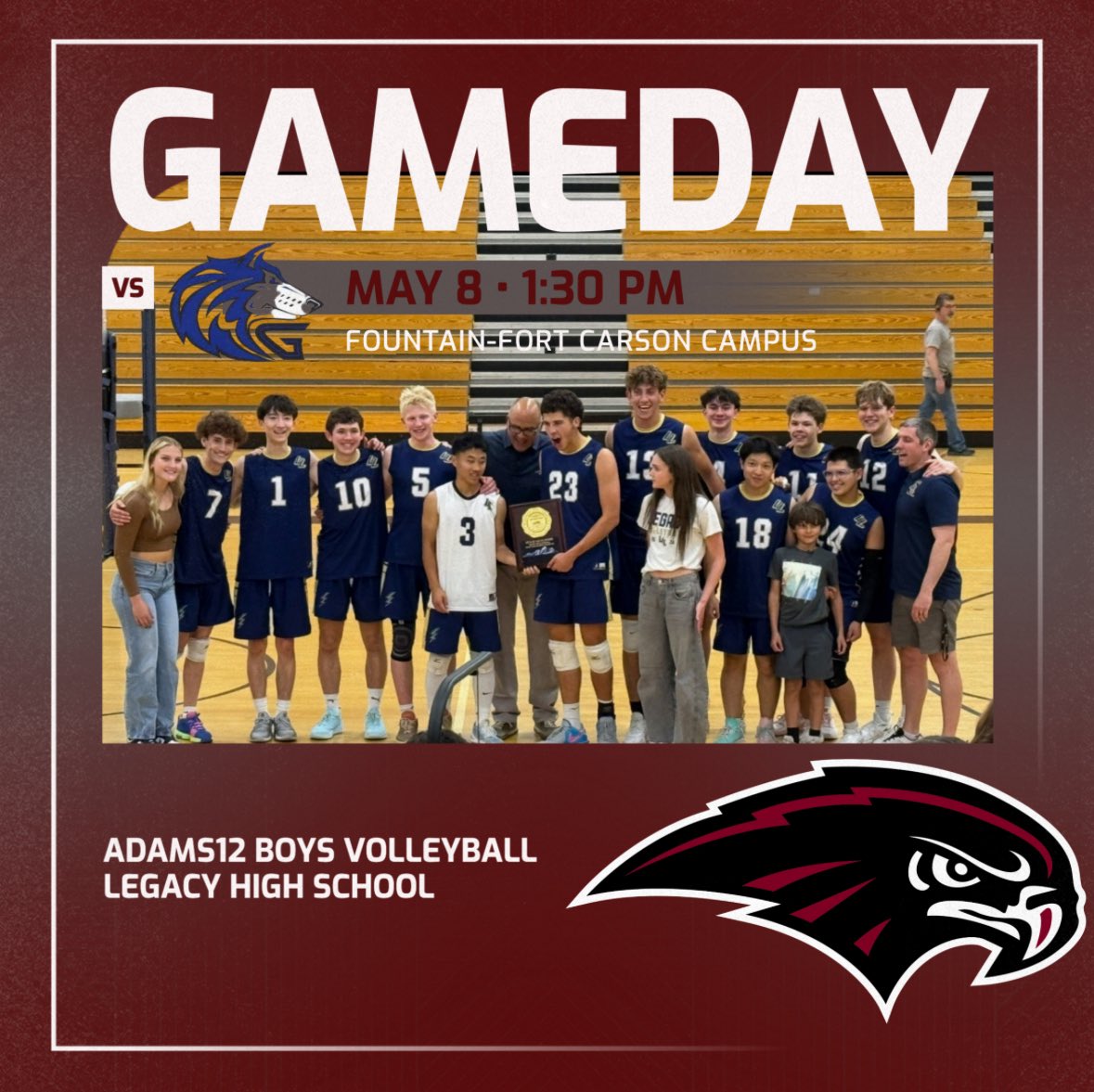 Congrats to the Adams12 Boys Volleyball team, hosted by Legacy High School, on making State! The boys got the #4 seed! #HawkNation is represented by Caden Ulibarri and Kalon Snyder! Good luck, fellas!