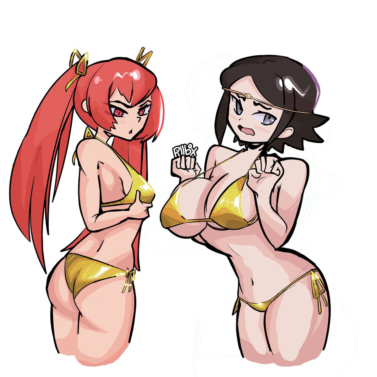 For 𝗚𝗢𝗟𝗗𝗘𝗡 𝗪𝗘𝗘𝗞 this year, Sevvy has paired up with her beloved and Bride-To-Be <a href="/UnboundArrow/">𝐵𝑙𝑜𝑜𝑑 𝑎𝑛𝑑 𝑻𝑯𝑼𝑵𝑫𝑬𝑹!</a> to sport some golden bikinis together!

❝T-Tch…!

  You got us to participate in this stupid trend now quit staring already!

It’s fucking creepy!❞