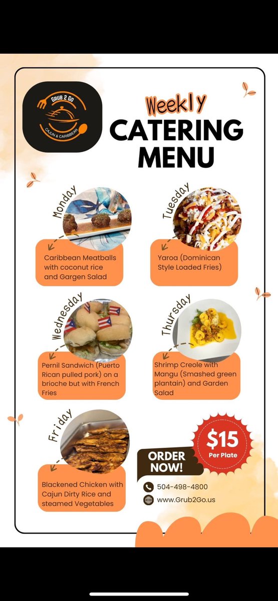 Mobile,AL Elevate your team's lunch with Grub2Go's new weekly menu for groups of 10+! Enjoy delicious meals with convenient delivery or pick-up. Contact us to customize your order and make your next team lunch a hit! #Grub2Go #TeamLunch #Catering PLEASE PLACE ORDERS 24hrs PRIOR