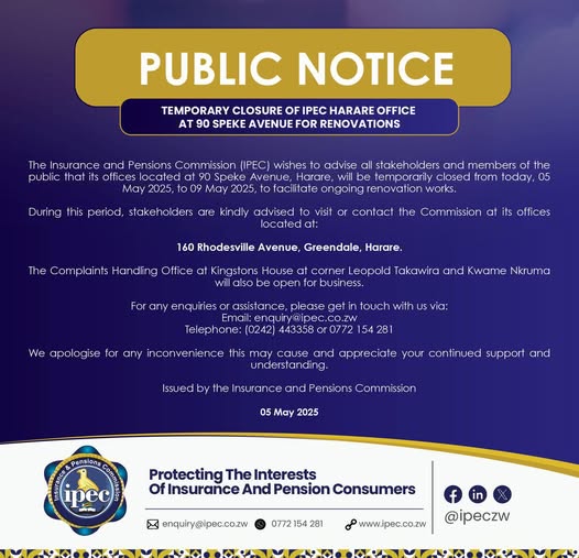 IPEC (@ipeczw) on Twitter photo PUBLIC NOTICE ❗️
Temporary closure of IPEC office at 90 Speke Avenue for renovations.
#ipec PUBLIC NOTICE ❗️
Temporary closure of IPEC office at 90 Speke Avenue for renovations.
#ipec