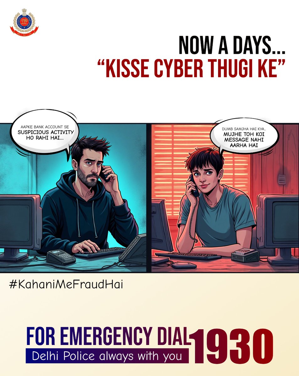 Delhi Police (@delhipolice) on Twitter photo ЁЯТ╕He is talking about "Suspicious Activity"
Be sure if it sounds witty!
рдЦрд╛рддреЗ рдХреА рдЬрд╛рдирдХрд╛рд░реА рдорд╛рдВрдЧреЗ рдФрд░ рдХрд╣реЗ рдЗрд╕рдореЗрдВ рдХреБрдЫ рдЭреЛрд▓ рд╣реИ
рд╕рдордЭ рдЬрд╛рдЗрдП #KahaniMeFraudHai
ЁЯЫСрд╕рдордЭрджрд╛рд░ рдмрдиреЗрдВ рдХрд┐рд╕реА рдЕрдВрдЬрд╛рди рд╕реЗ рдмреИрдВрдХ рдбрд┐рдЯреЗрд▓реНрд╕ рд╢реЗрдпрд░ рди рдХрд░реЗрдВ
#CyberFraud
#OTPScam
#CyberSecurity
#kahani ЁЯТ╕He is talking about "Suspicious Activity"
Be sure if it sounds witty!
рдЦрд╛рддреЗ рдХреА рдЬрд╛рдирдХрд╛рд░реА рдорд╛рдВрдЧреЗ рдФрд░ рдХрд╣реЗ рдЗрд╕рдореЗрдВ рдХреБрдЫ рдЭреЛрд▓ рд╣реИ
рд╕рдордЭ рдЬрд╛рдЗрдП #KahaniMeFraudHai
ЁЯЫСрд╕рдордЭрджрд╛рд░ рдмрдиреЗрдВ рдХрд┐рд╕реА рдЕрдВрдЬрд╛рди рд╕реЗ рдмреИрдВрдХ рдбрд┐рдЯреЗрд▓реНрд╕ рд╢реЗрдпрд░ рди рдХрд░реЗрдВ
#CyberFraud
#OTPScam
#CyberSecurity
#kahani