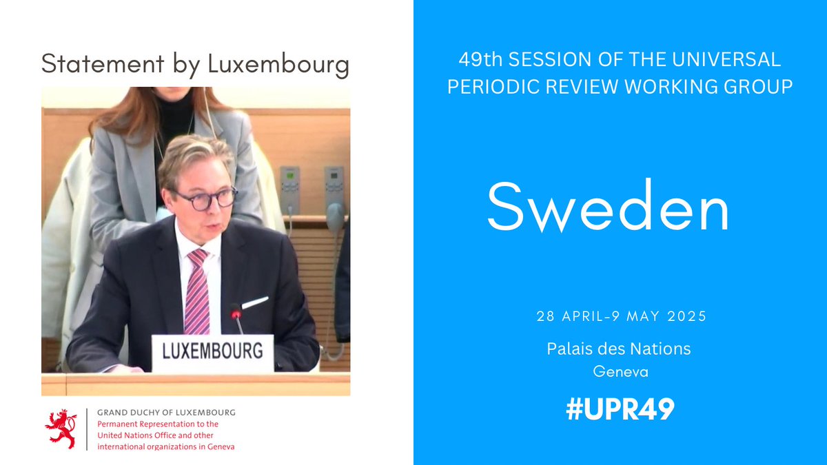 #Luxembourg🇱🇺 #UPR49 recommendations to #Sweden🇸🇪:
1️⃣Strengthen action against discrimination &amp; hate crimes; improve access to housing, education &amp;jobs for minorities
2️⃣Ensure migrants’ rights incl. fair procedures &amp; family reunification
3️⃣Enhance GBV prevention &amp;support services