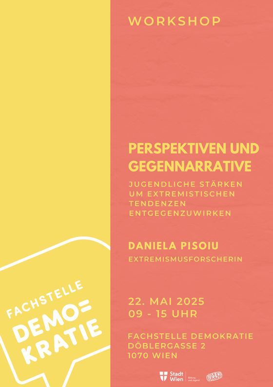 📝 JETZT ANMELDEN: Workshop: Perspektiven und Gegennarrative - Jugendliche stärken, um extremistischen Tendenzen entgegenzuwirken 👉 buff.ly/AeNg8e5 

📍 Fachstelle Demokratie, Döblergasse 2, 1070 Wien
🗓️ 22.05.2025 | 09:00–15:00

#Jugendarbeit #Extremismusprävention