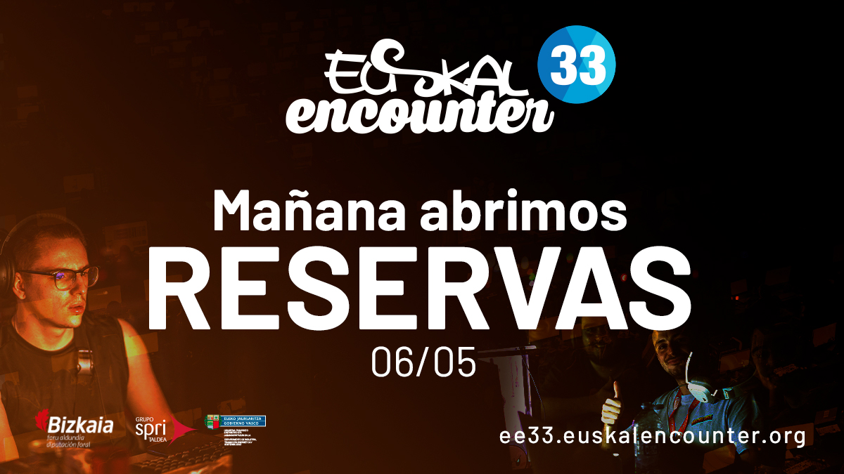 💥¡Atención que ya llega el día!💥

➡️ Mañana a las 10h se abren las reservas para la #EuskalEncounter

🔔¡Poneos todas las alarmas, que no se despiste nadie! #EE33

👉🏻 ee33.euskalencounter.org/inscribete.html