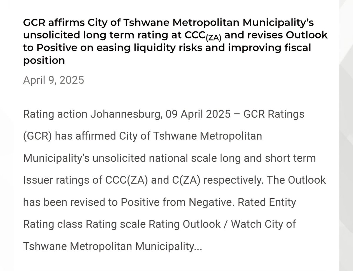 nasiphim's tweet image. Tshwane, don't give up on us! The city will be reclaimed, one by one 🙏. GCR Ratings grades City from NEGATIVE to POSITIVE! Moody's Ratings rates Tshwane stable. National Treasury says the draft fully funded budget is credible and sustainable - all within 6 months. @CityTshwane