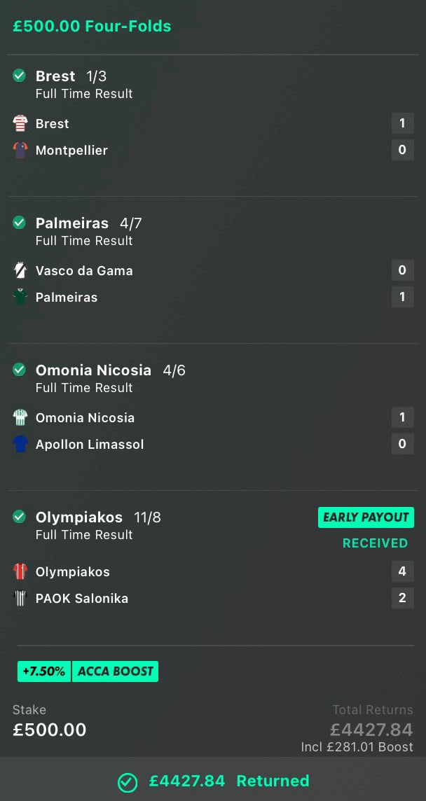 AND ANOTHER ACCA LANDS! 😍

WE ARE ON FIRE £500 👉🏼 £4,427.84

Join our free telegram here 👏🏽

t.me/+5T2WDp9kuVc5Z…