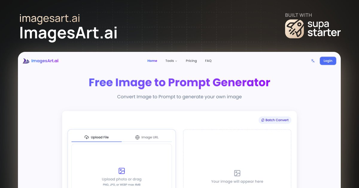 imagesart(.)ai provides free tools to generate, enhance, and optimize AI image prompts for Flux, Midjourney and Stable Diffusion.

#builtwithsupastarter