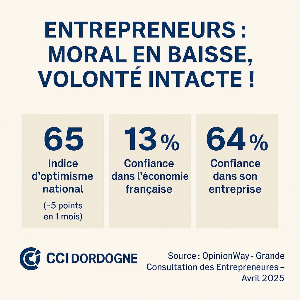 L’optimisme des entrepreneurs chute à 65 pts (-5). Seulement 13 % croient en l’avenir de l’économie.
Mais en Dordogne, les dirigeants tiennent bon : 64 % croient en leur entreprise.
Cap sur l’innovation, cap sur l’action.
#CCI #Dordogne #Entrepreneurs