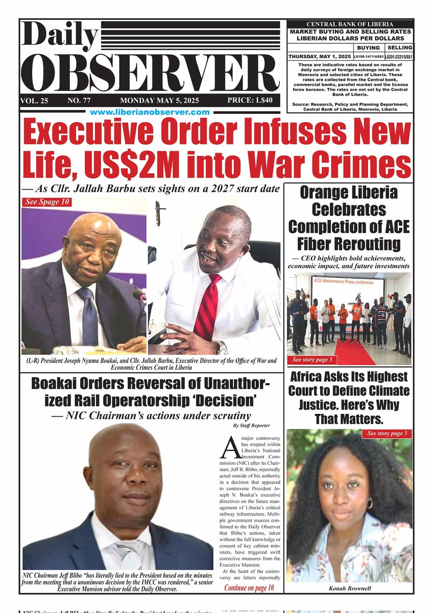Liberianobserver.com (@libobserver) on Twitter photo #Liberia #headlines for May 5, 2025. <a href="/robert_ivanhoe/">Robert Friedland</a> <a href="/ArcelorMittal/">ArcelorMittal</a> <a href="/AMLiberia/">ArcelorMittal Lib</a> <a href="/Orange_Liberia/">Orange Liberia</a> #multiuserrail #ClimateJustice #Justiceforwarcrimes #Liberia #headlines for May 5, 2025. <a href="/robert_ivanhoe/">Robert Friedland</a> <a href="/ArcelorMittal/">ArcelorMittal</a> <a href="/AMLiberia/">ArcelorMittal Lib</a> <a href="/Orange_Liberia/">Orange Liberia</a> #multiuserrail #ClimateJustice #Justiceforwarcrimes