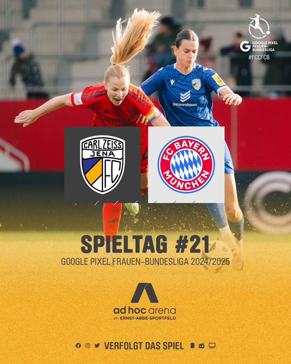 FC Carl Zeiss Jena Frauen (@fccfrauen) on Twitter photo ๐๐๐๐๐๐๐๐
๐ Google Pixel Frauen-Bundesliga
๐ <a href="/FCBfrauen/">FC Bayern Frauen</a>
๐๏ธ ad hoc arena im Ernst-Abbe-Sportfeld
โฐ 18:00 Uhr
๐บ Sport1 / DAZN / Magenta Sport
๐ฒ #FCCFCB
#FCC #MehrAlsFussball #fccfrauen #nichtohnemeinemรคdels #DieLiga #togetherwerise ๐๐๐๐๐๐๐๐
๐ Google Pixel Frauen-Bundesliga
๐ <a href="/FCBfrauen/">FC Bayern Frauen</a>
๐๏ธ ad hoc arena im Ernst-Abbe-Sportfeld
โฐ 18:00 Uhr
๐บ Sport1 / DAZN / Magenta Sport
๐ฒ #FCCFCB
#FCC #MehrAlsFussball #fccfrauen #nichtohnemeinemรคdels #DieLiga #togetherwerise