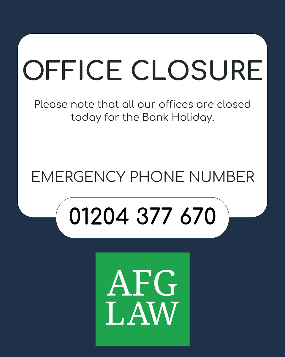 Please note that all our offices are closed today for the bank holiday - we reopen tomorrow at 9am.

If you need to speak to a solicitor because someone has passed away, or for urgent children services, you can get in touch with us 9am-5pm today by calling 01204 377 670.