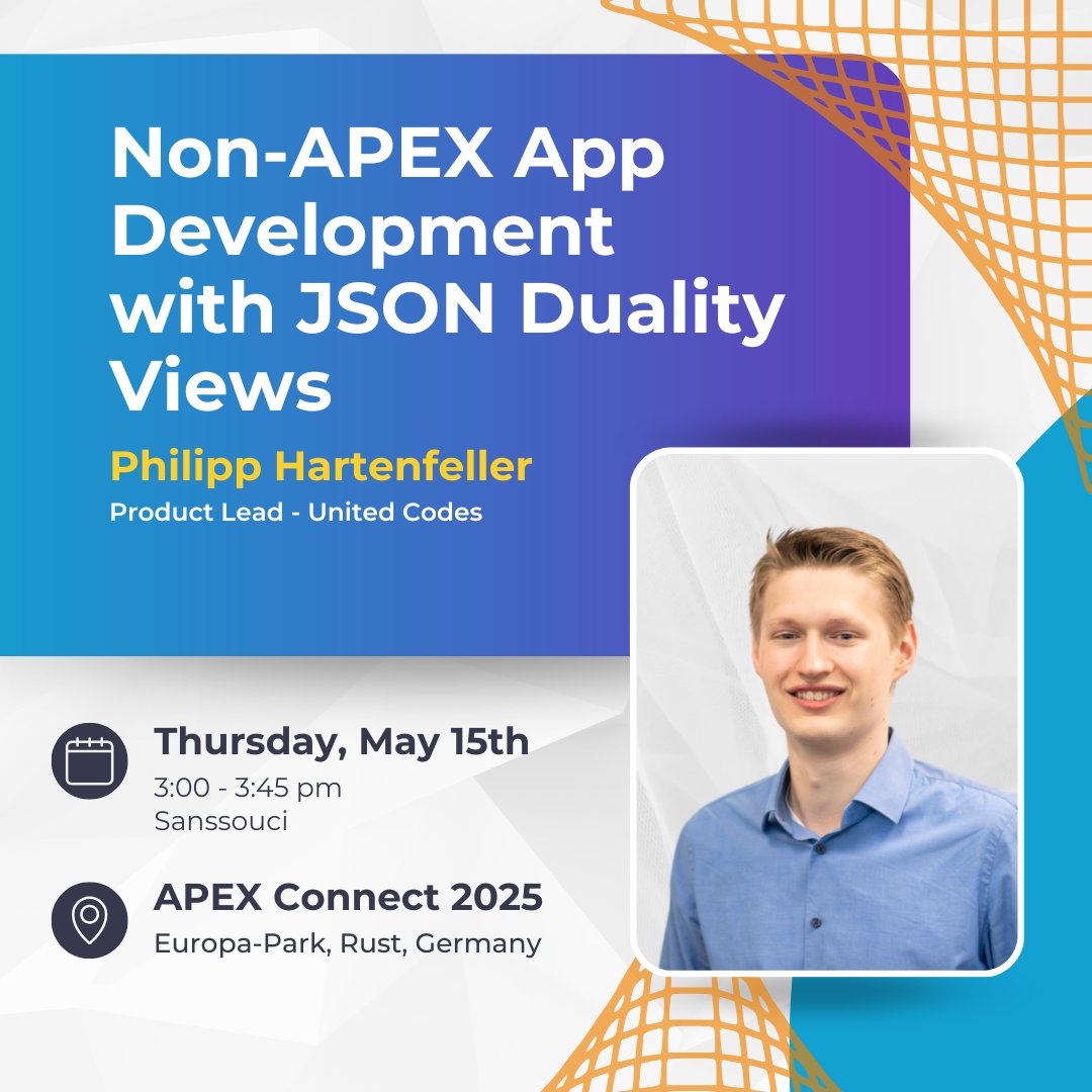 United Codes (@united_codes) on Twitter photo π£ Presenting at #apexconn25: Non-APEX App Dev with JSON Duality Views
Join <a href="/phartenfeller/">Philipp Hartenfeller</a> to see how Oracle 23ai's JSON Duality Views enable MongoDB-like simplicity with relational DB benefits. Live JavaScript frontend demo compared to traditional ORMs! π£ Presenting at #apexconn25: Non-APEX App Dev with JSON Duality Views
Join <a href="/phartenfeller/">Philipp Hartenfeller</a> to see how Oracle 23ai's JSON Duality Views enable MongoDB-like simplicity with relational DB benefits. Live JavaScript frontend demo compared to traditional ORMs!