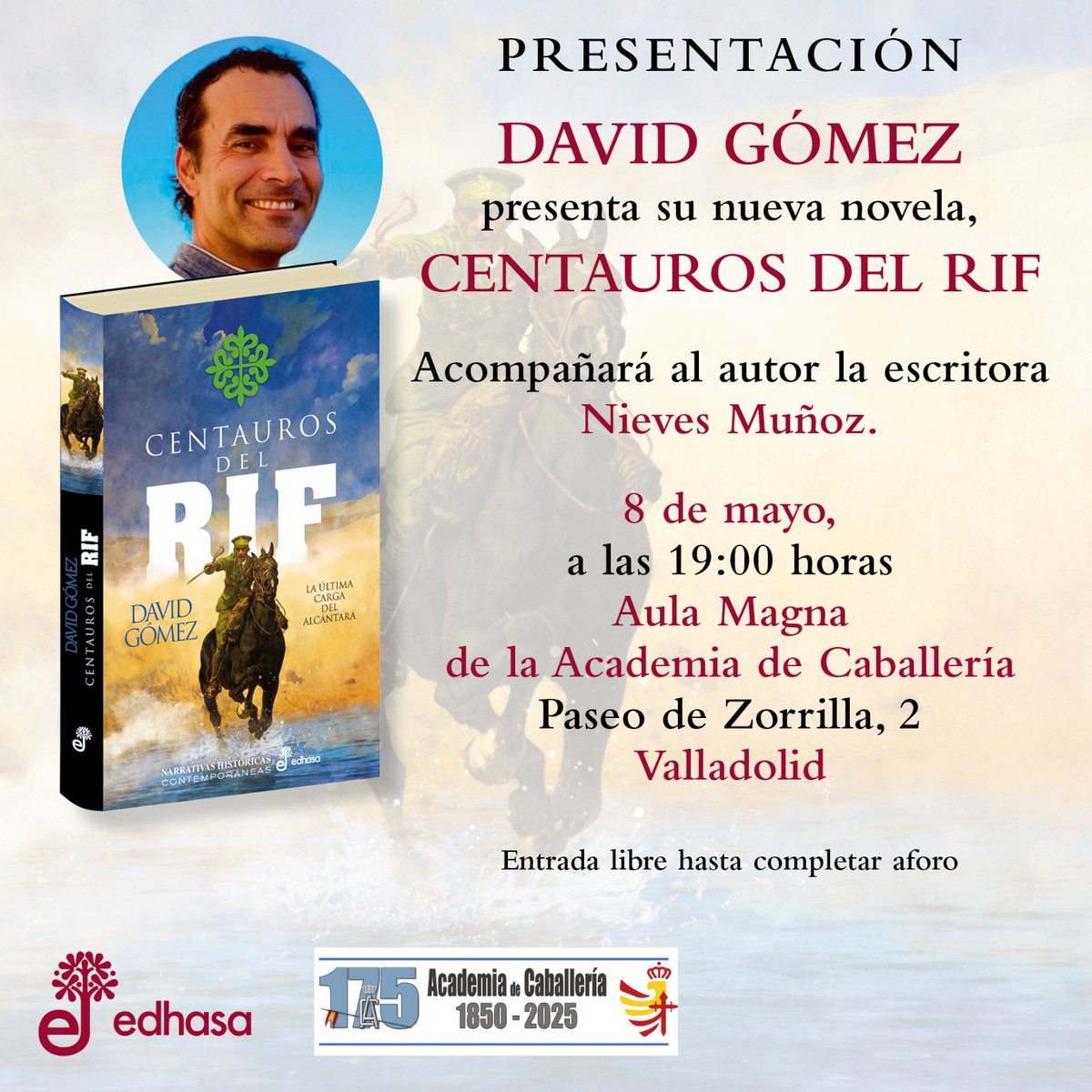 David Gómez Domínguez (@gomezdavid1975) on Twitter photo Queridos amigos y amigas de #Valladolid, el próximo jueves 8 tendré el privilegio de presentar mi novela CENTAUROS DEL RIF junto a la gran escritora <a href="/Nievesmdelucas/">Nieves Muñoz</a> en el Aula Magna de la Academia de Caballería. El Alcántara 14 cabalga de nuevo. Únete al Alcántara. Os espero. Queridos amigos y amigas de #Valladolid, el próximo jueves 8 tendré el privilegio de presentar mi novela CENTAUROS DEL RIF junto a la gran escritora <a href="/Nievesmdelucas/">Nieves Muñoz</a> en el Aula Magna de la Academia de Caballería. El Alcántara 14 cabalga de nuevo. Únete al Alcántara. Os espero.