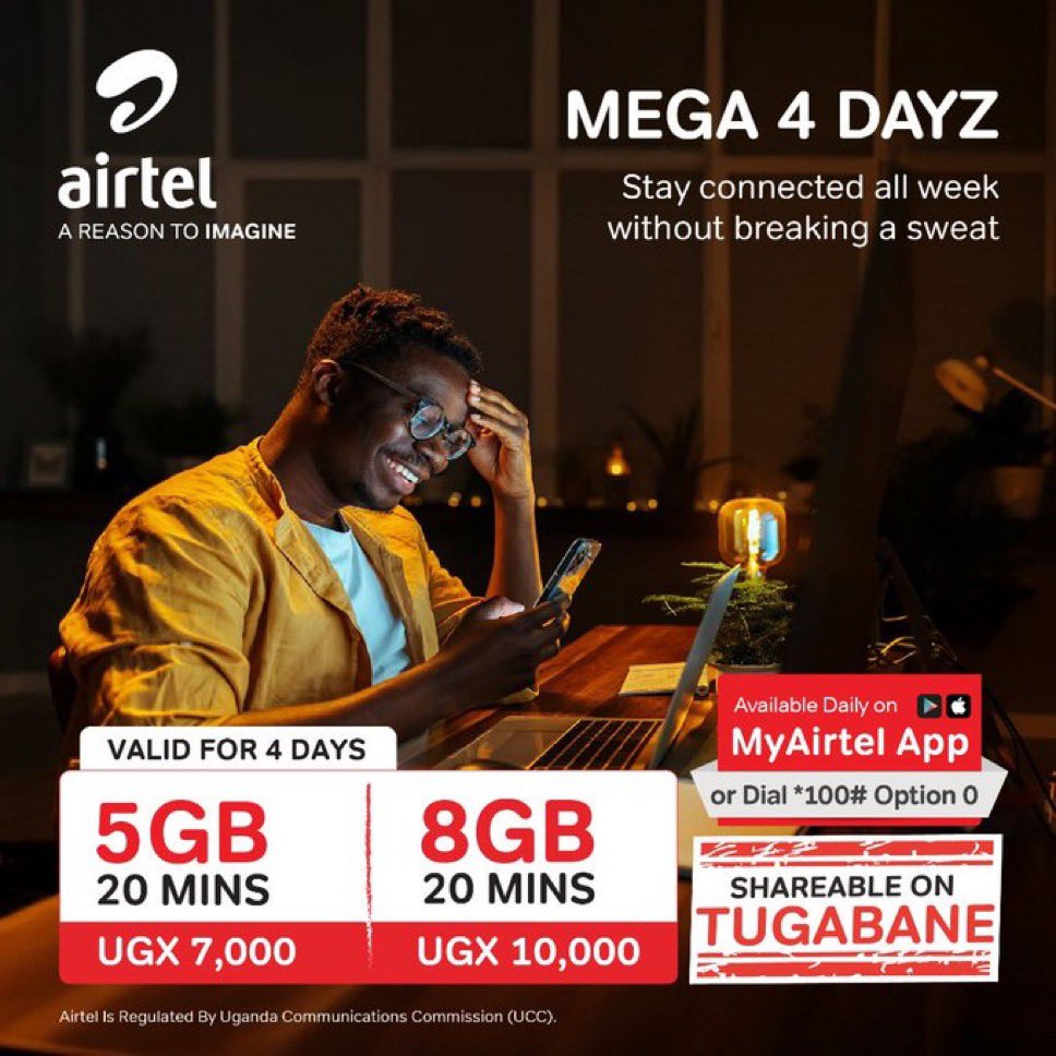 Start off your new week on a high
Get your #Mega4Dayzz bundle now and enjoy seamless connectivity with friends and family. 

Dial *100*0# or use the #MyAirtelApp: airtelafrica.onelink.me/cGyr/qgj4qeu2