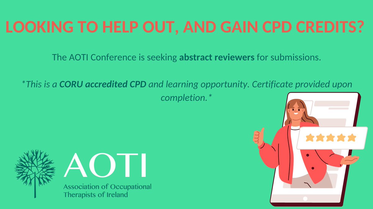 Association of Occupational Therapists of Ireland (@aotinews) on Twitter photo CALL FOR REVIEWERS!✍️
We are looking for reviewers to help score abstracts for our upcoming conference - are you available between the 16th and 23rd of May?
Read our FAQs for further detail: ow.ly/9tCX50Vs8n6
Email conference@aoti.ie with your CV 📎 CALL FOR REVIEWERS!✍️
We are looking for reviewers to help score abstracts for our upcoming conference - are you available between the 16th and 23rd of May?
Read our FAQs for further detail: ow.ly/9tCX50Vs8n6
Email conference@aoti.ie with your CV 📎