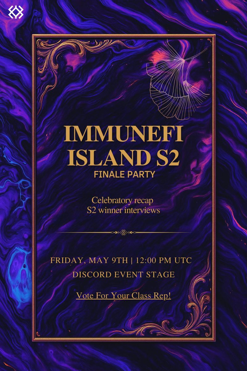 The Immunefi Island S2 Finale Party is happening soon 🏝️

We’ll be revealing the grand prize, dropping S3 teasers 👀, and hearing from this season's winners🏆 

There *might* even be some exclusive merch - but only if you attend🤫  

Don’t miss it.

🗓️ Friday, May 9th at 12PM UTC
