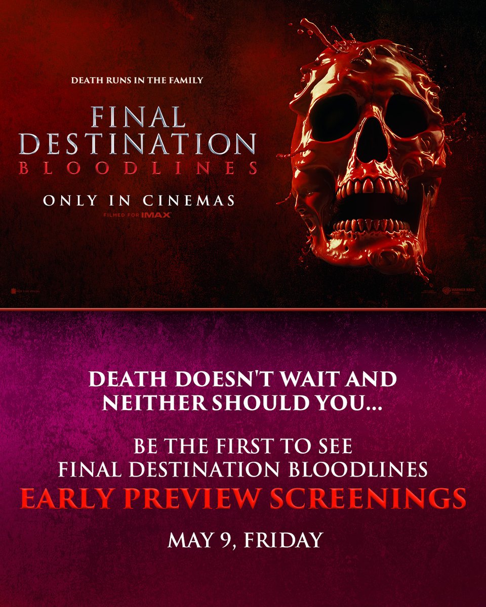 VOX Cinemas (@voxcinemas) on Twitter photo The bloodline begins here — and it's not waiting until the 15th.
Be among the first to witness the horror - #FinalDestination: Bloodlines hits #VOXCinemas for EARLY PREVIEW SCREENINGS on May 9.
#FinalDestinationatVOX #GreatMoments <a href="/MajidAlFuttaim/">Majid Al Futtaim</a> The bloodline begins here — and it's not waiting until the 15th.
Be among the first to witness the horror - #FinalDestination: Bloodlines hits #VOXCinemas for EARLY PREVIEW SCREENINGS on May 9.
#FinalDestinationatVOX #GreatMoments <a href="/MajidAlFuttaim/">Majid Al Futtaim</a>