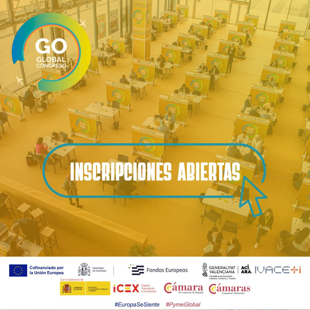 🌎 ¡Inscripciones abiertas para el Congreso Go Global! 🌎

Regístrate ahora de forma gratuita y asegura tu plaza:

👉 app.congresogoglobal.com
📅 28 y 29 de mayo
📍 IFA Fira Alacant

#GoGlobal #Internacionalización #EuropaSeSiente #PymeGlobal