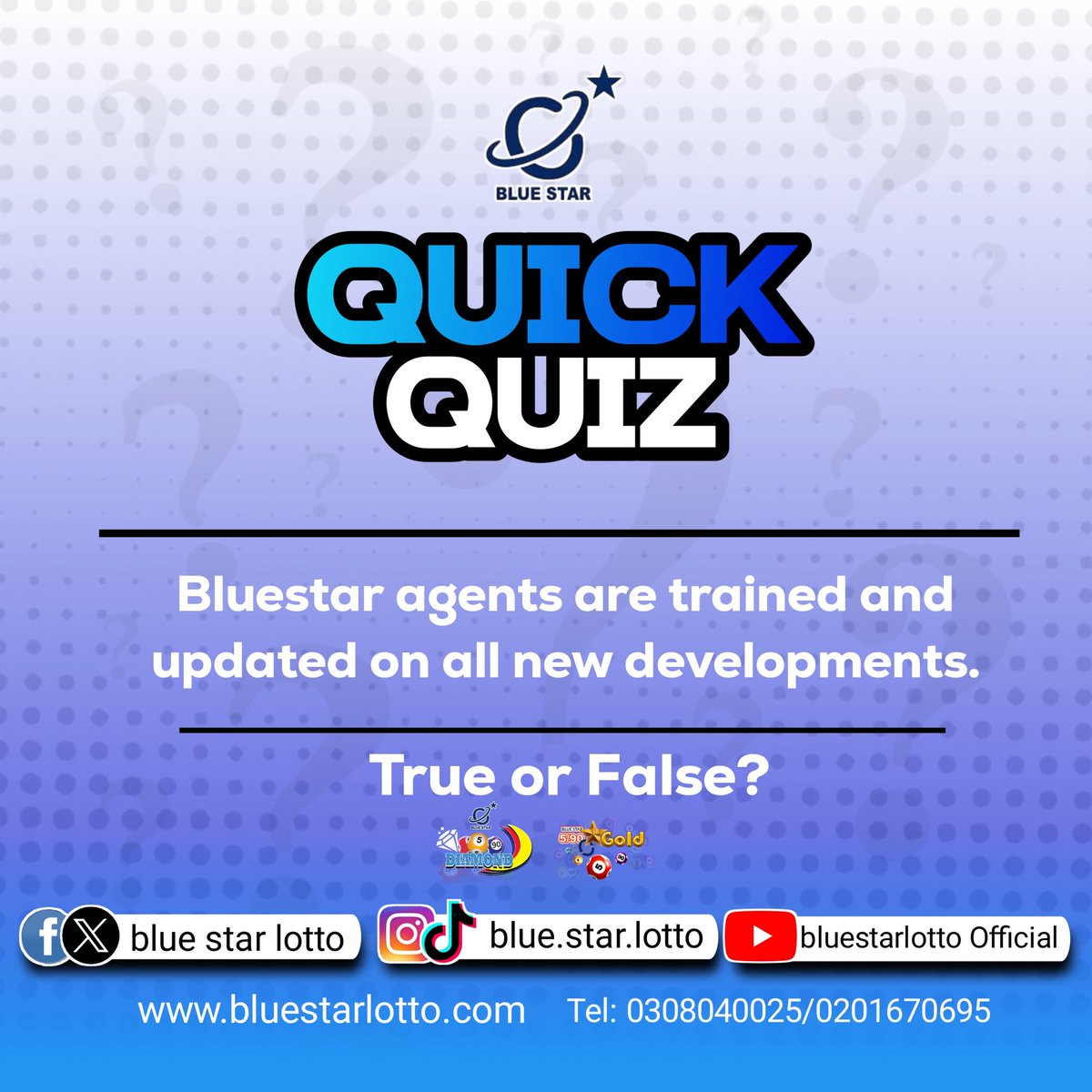 bluestarlotto's tweet photo. Monday Quick Quiz. Let's examine Bluestar lotto briefly.
#Bluestarlotto #instantpaymentafterwin #winbigeveryday Chief Justice, Akwaboah, Ayra Starr, #SaveTheJudiciaryDemo Ghanaians, #120DaySocialContractDelivered #AbanPapaAba #CommandingYourMorning Harry Kane https://t.co/4bCp3bluNZ