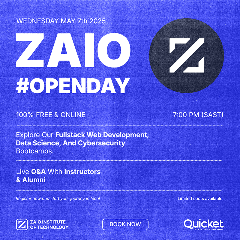 Ready to launch your tech career?
Join us for ZAIO's Online Open Day this Wednesday, May 7th at 7PM (SAST)! 💻✨

✅ 100% Free &amp; Online
✅ Explore our Fullstack Web Development, Data Science &amp; Cybersecurity bootcamps
✅ Live Q&amp;A with instructors &amp; alumni

Spots are limited –