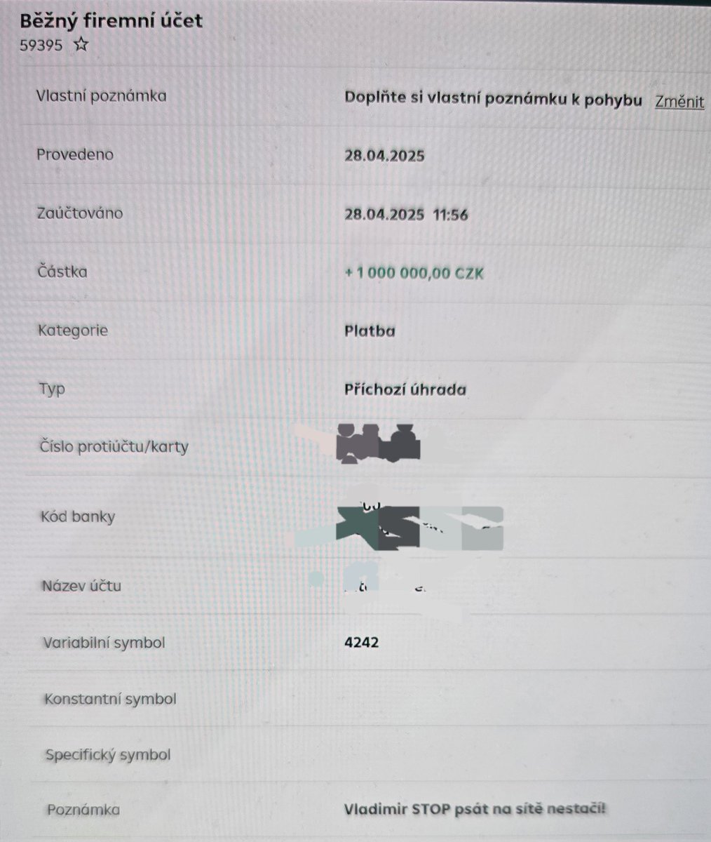 Minulý týden jsme trávili na cestách. Někdo na UA, někdo na cvičení s AČR. A pak se dostanete v pondělí do kanceláře a najdete tuto velkorysou příchozí platbu. Za obránce napadené Ukrajiny moc děkujeme. Vaší důvěru nezklameme. Skupina D ❤️🇨🇿