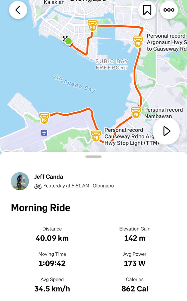 jeffjerardcanda's tweet photo. recorded my fastest bike split for olympic distance triathlon yesterday even after crashing. bike specific training block did wonders for me. Avg power is at 173W which is fairly low but goes to prove how an amazing bikefit is really effective. Off the bike run was also decent 😬 https://t.co/vDp4LPAZqT
